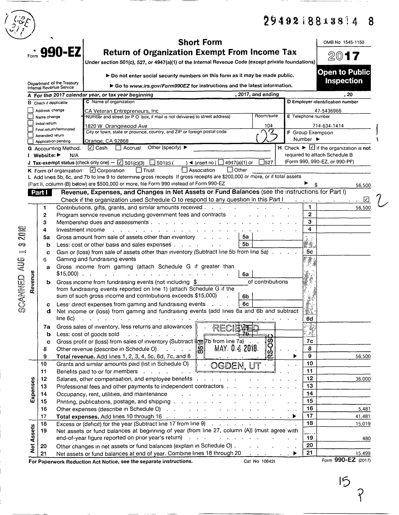 Image of first page of 2017 Form 990EZ for California Veteran Entrepreneurs