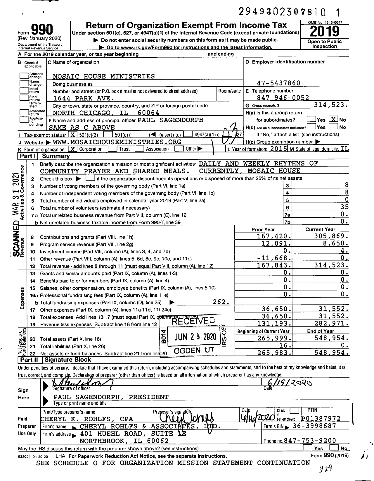 Image of first page of 2019 Form 990 for Mosaic House Ministries