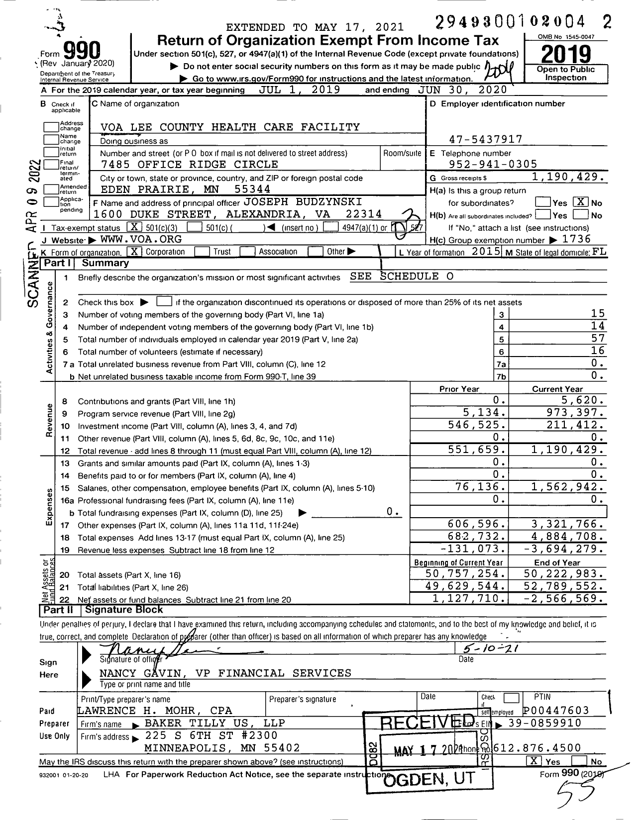 Image of first page of 2019 Form 990 for Volunteers of America - VOA Lee County Health Care Facility