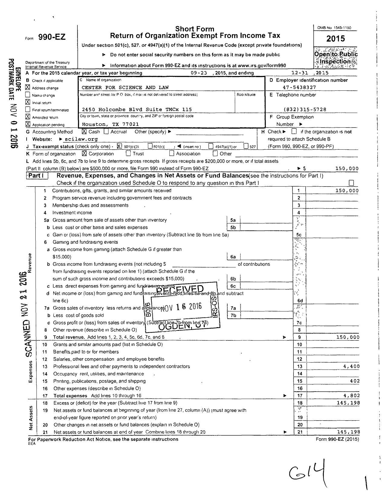 Image of first page of 2015 Form 990EZ for Center for Science and Law