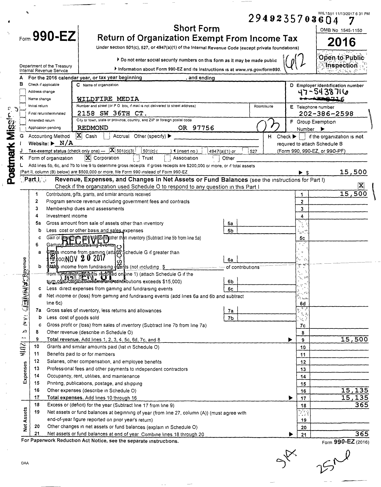 Image of first page of 2016 Form 990EZ for Wildfire Media