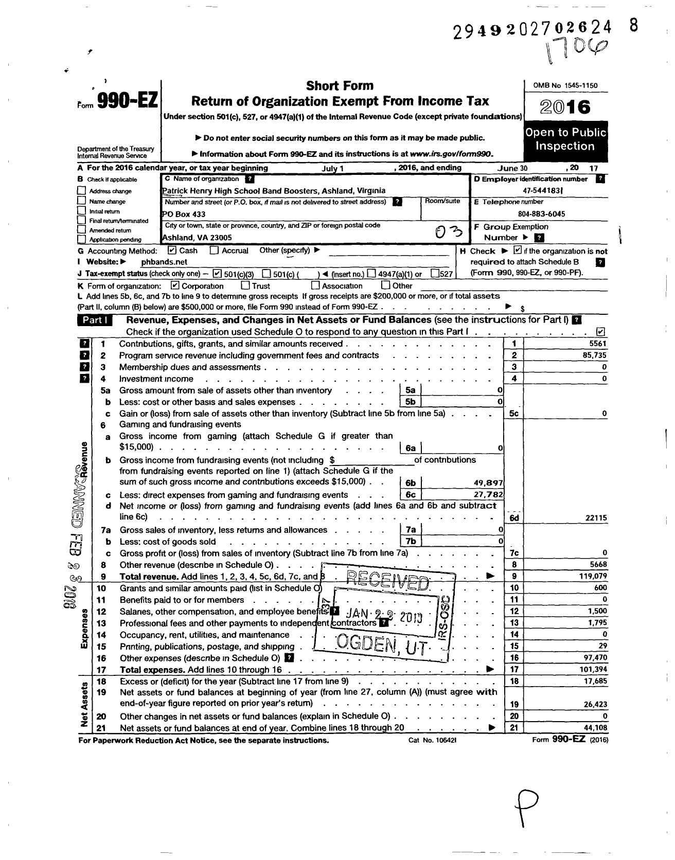 Image of first page of 2016 Form 990EZ for Patrick Henry High School Band Boosters Ashland Virginia