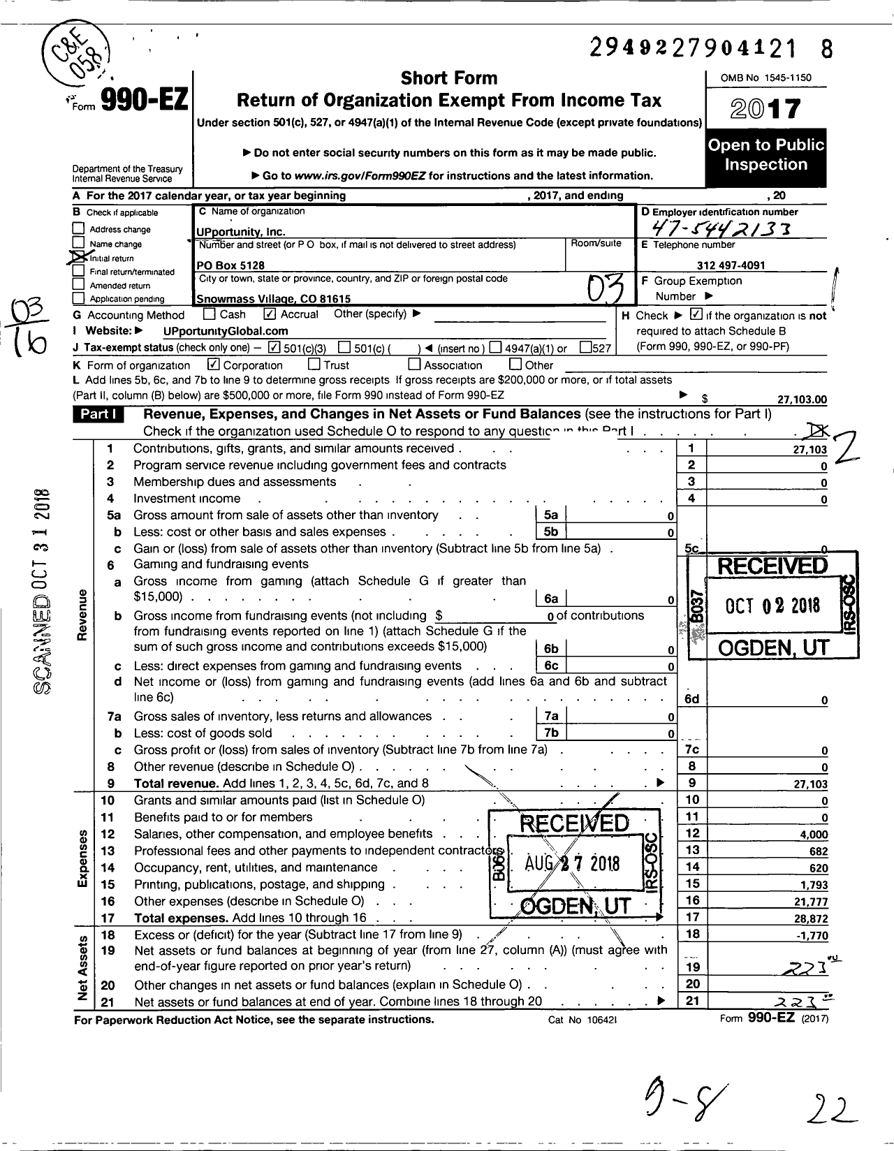 Image of first page of 2017 Form 990EZ for Upportunity