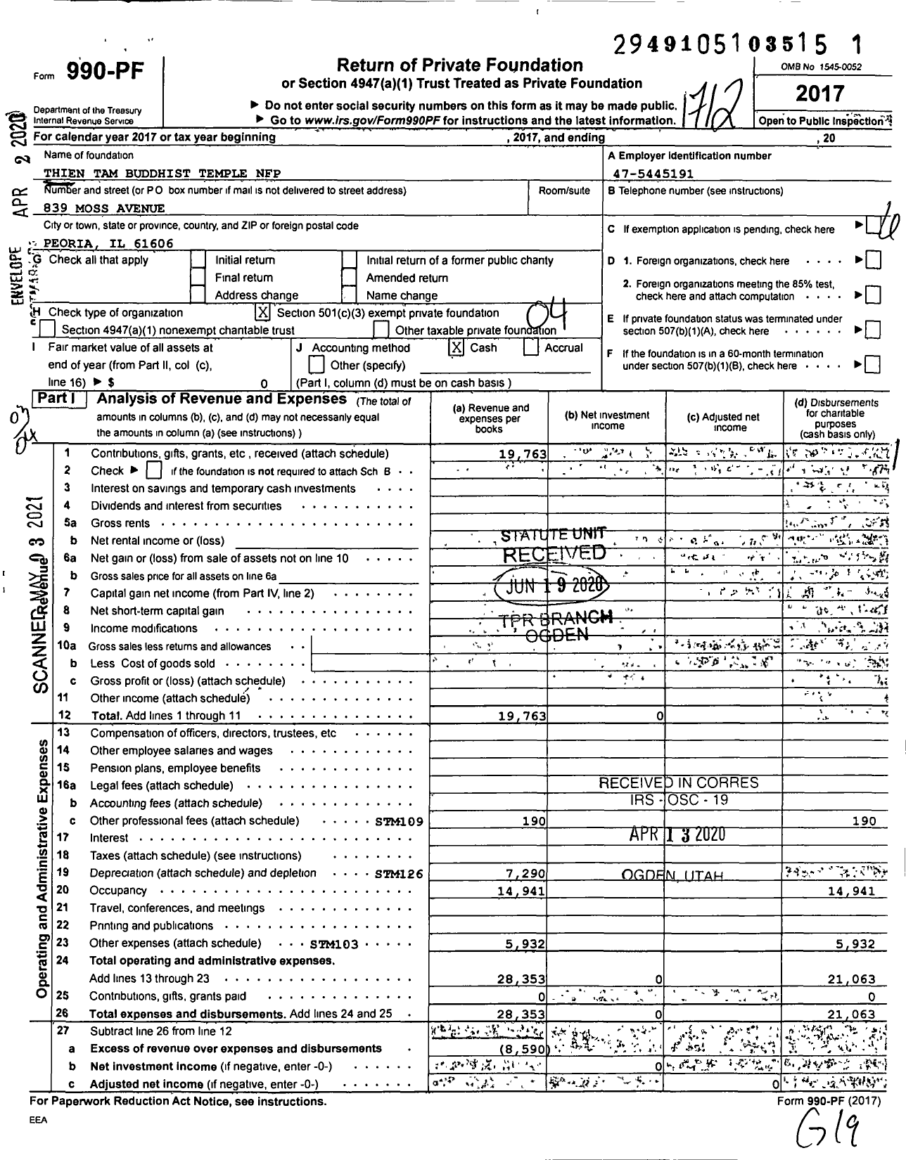 Image of first page of 2017 Form 990PF for Thien Tam Buddhist Temple NFP