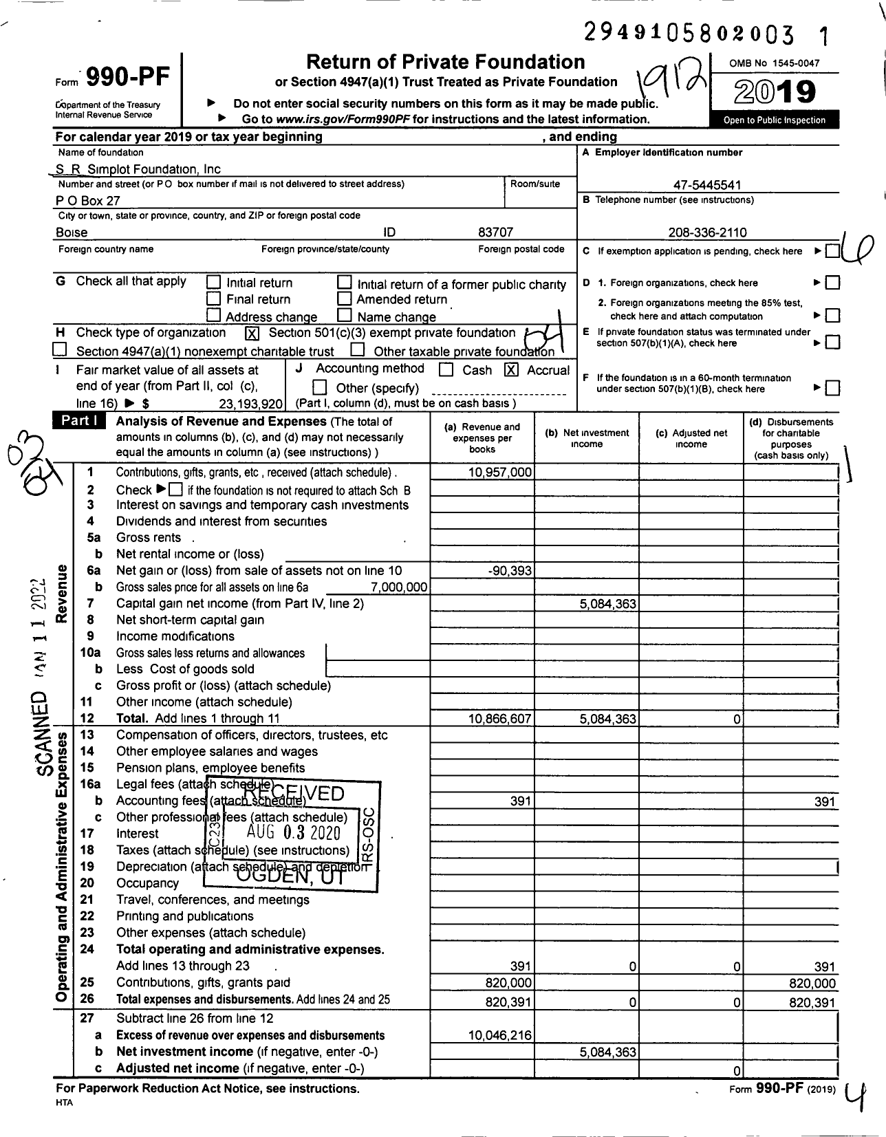 Image of first page of 2019 Form 990PF for S R Simplot Foundation