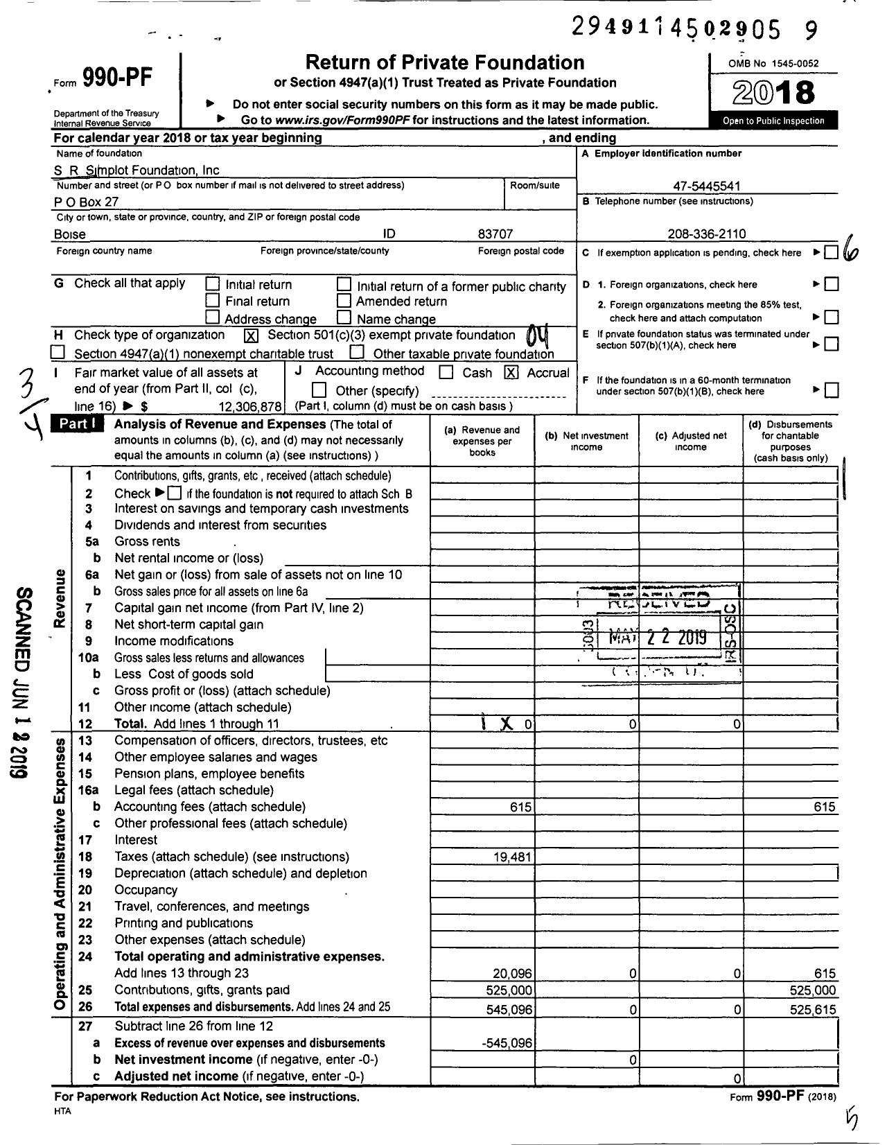 Image of first page of 2018 Form 990PF for S R Simplot Foundation