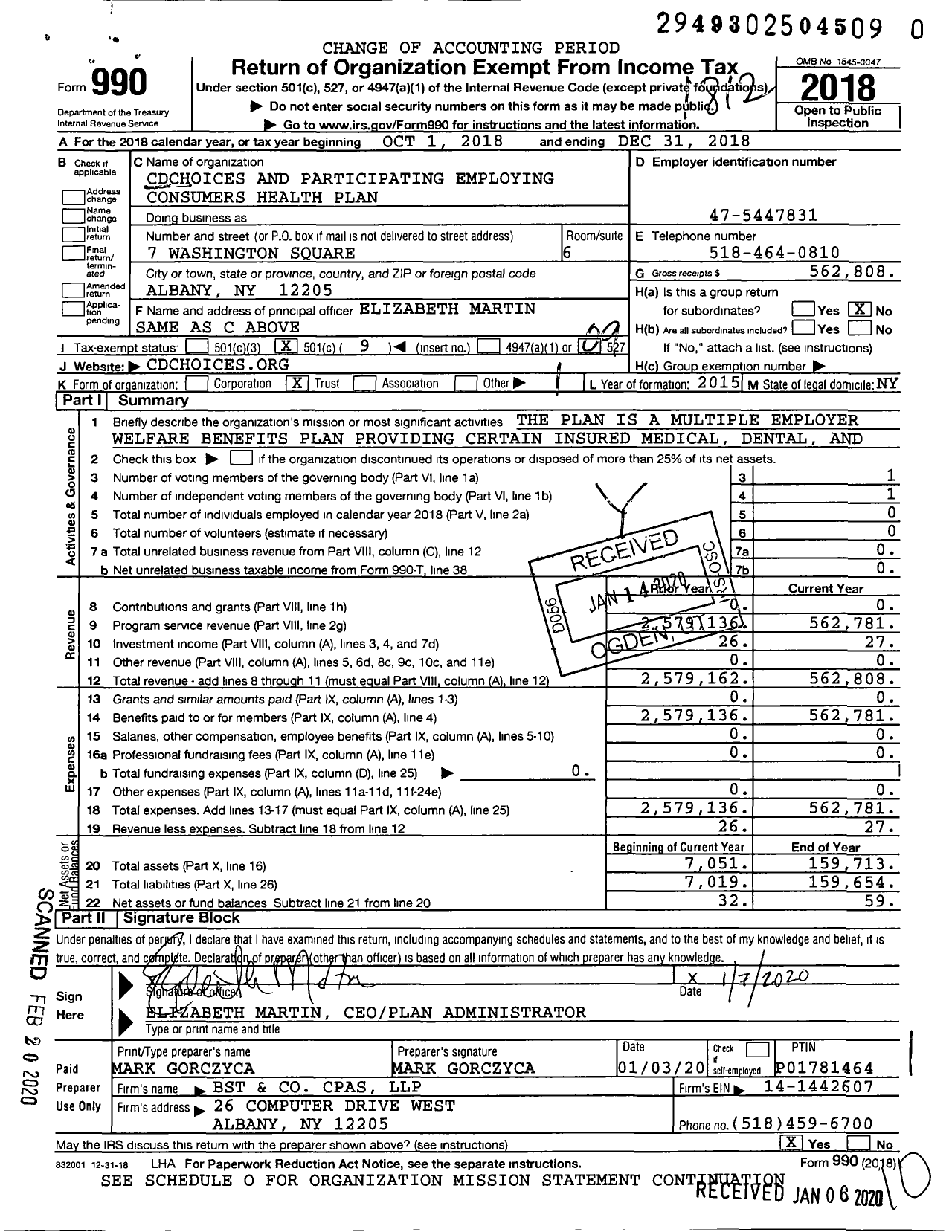 Image of first page of 2018 Form 990O for Cdchoices and Participating Employing Consumers Health Plan