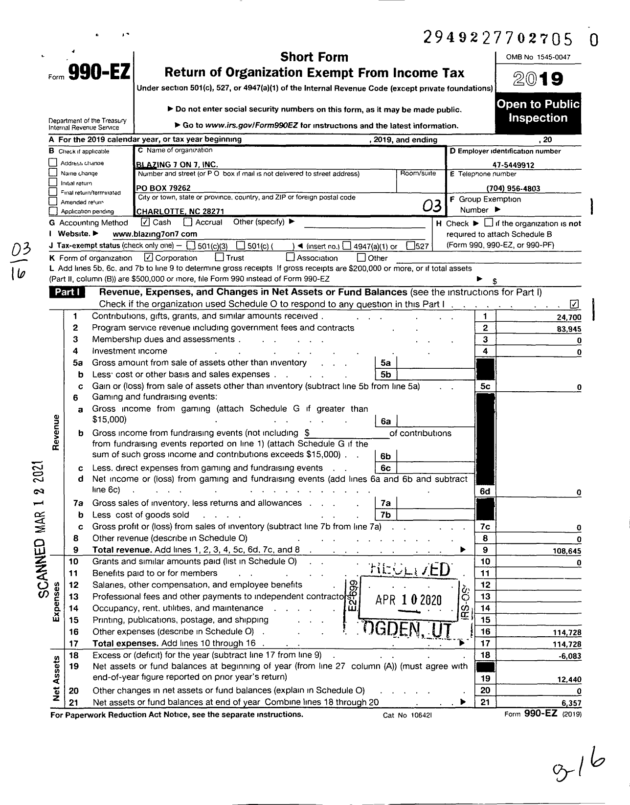 Image of first page of 2019 Form 990EZ for Blazing 7 on 7