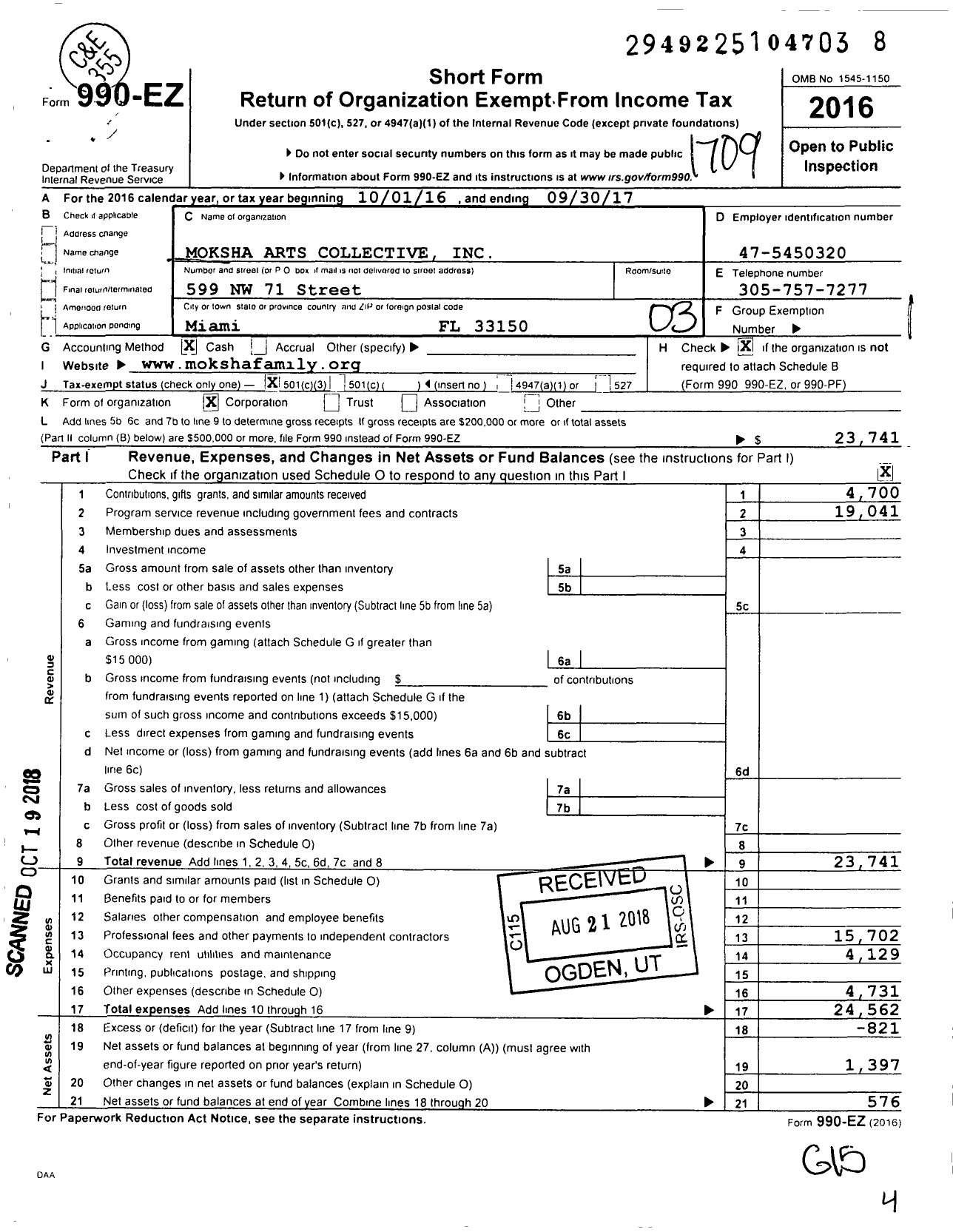 Image of first page of 2016 Form 990EZ for Moksha Arts Collective