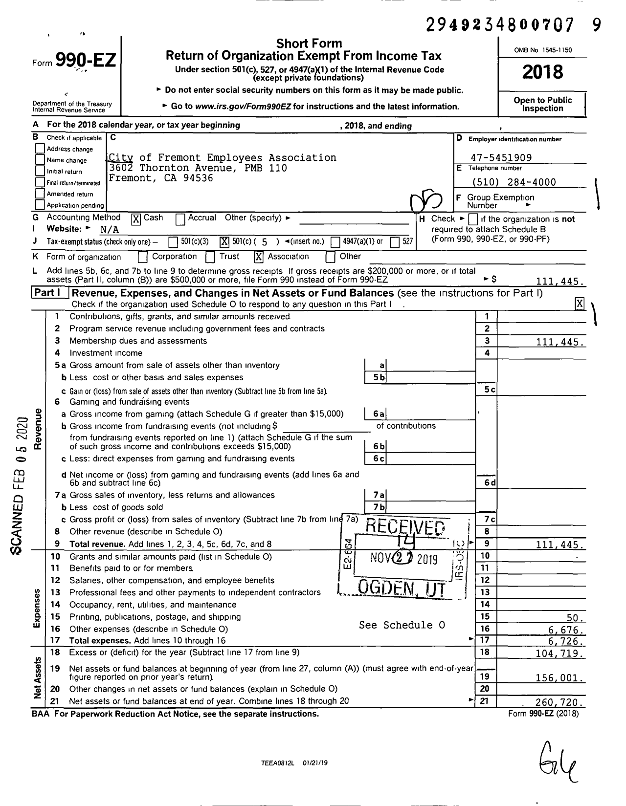 Image of first page of 2018 Form 990EO for City of Fremont Employees Association