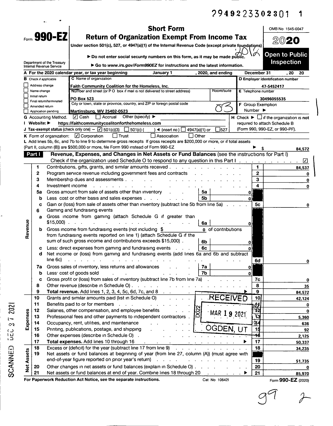 Image of first page of 2020 Form 990EZ for Faith Community Coalition for the Homeless