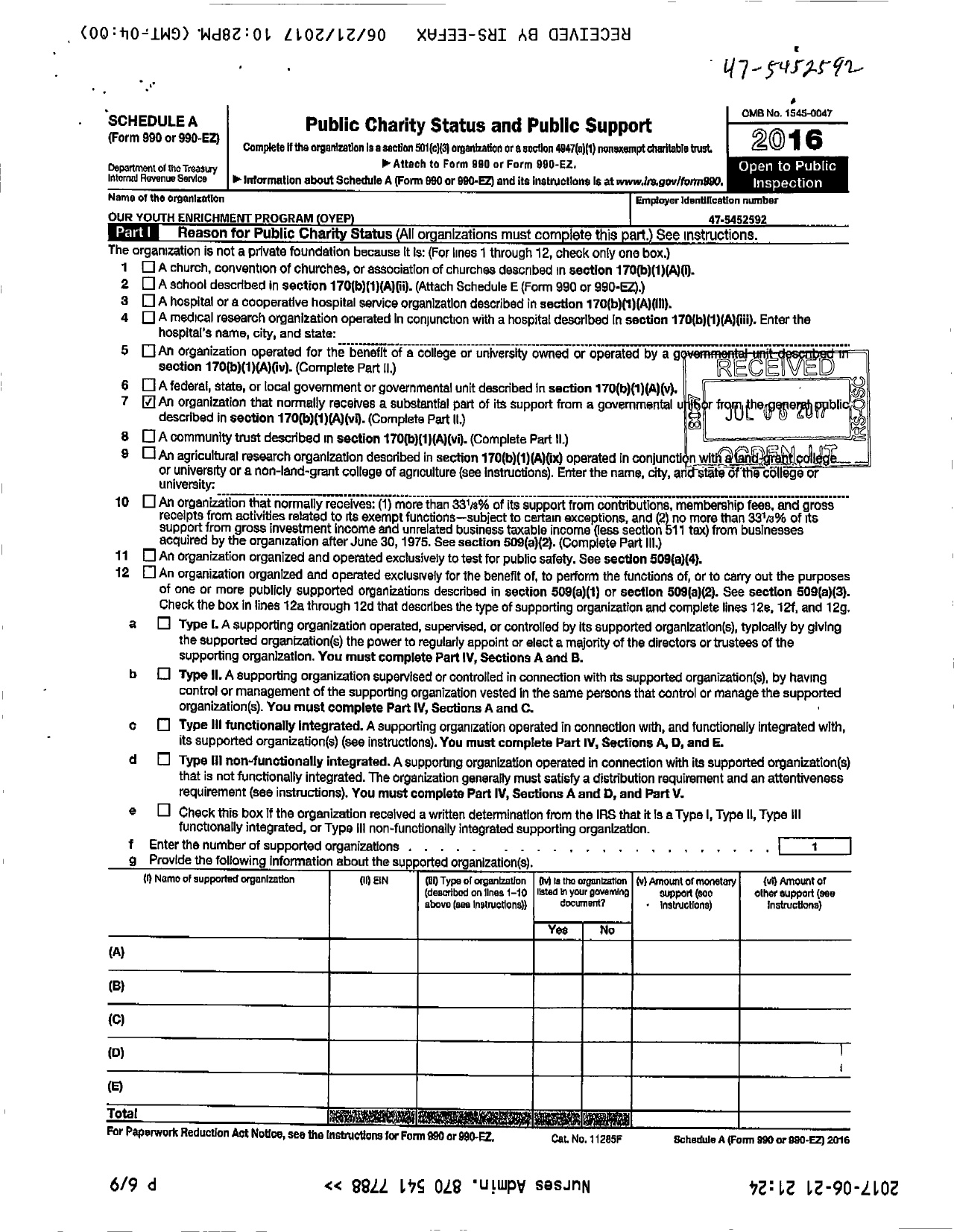 Image of first page of 2016 Form 990ER for Our Youth Enrichment Program