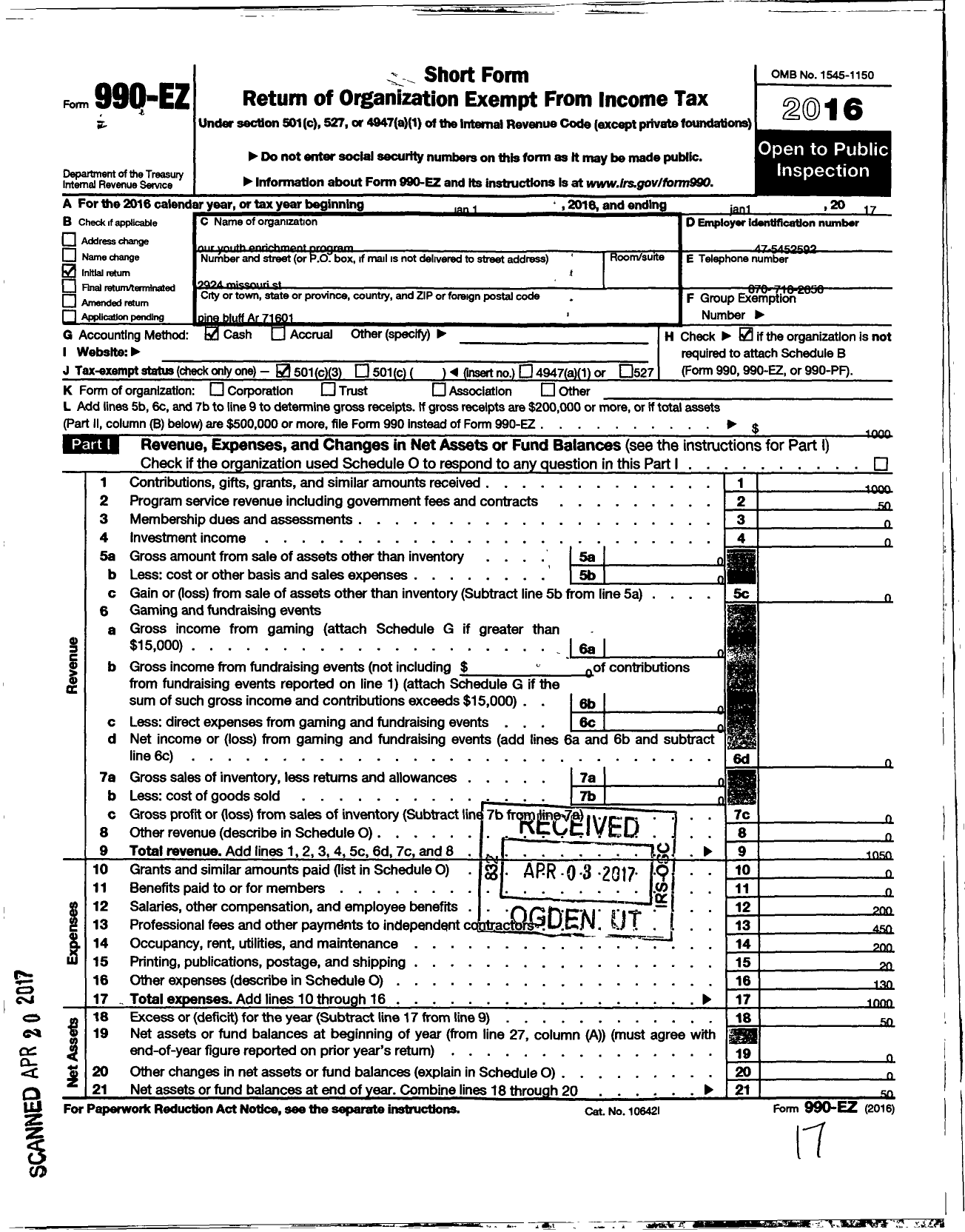 Image of first page of 2016 Form 990EZ for Our Youth Enrichment Program