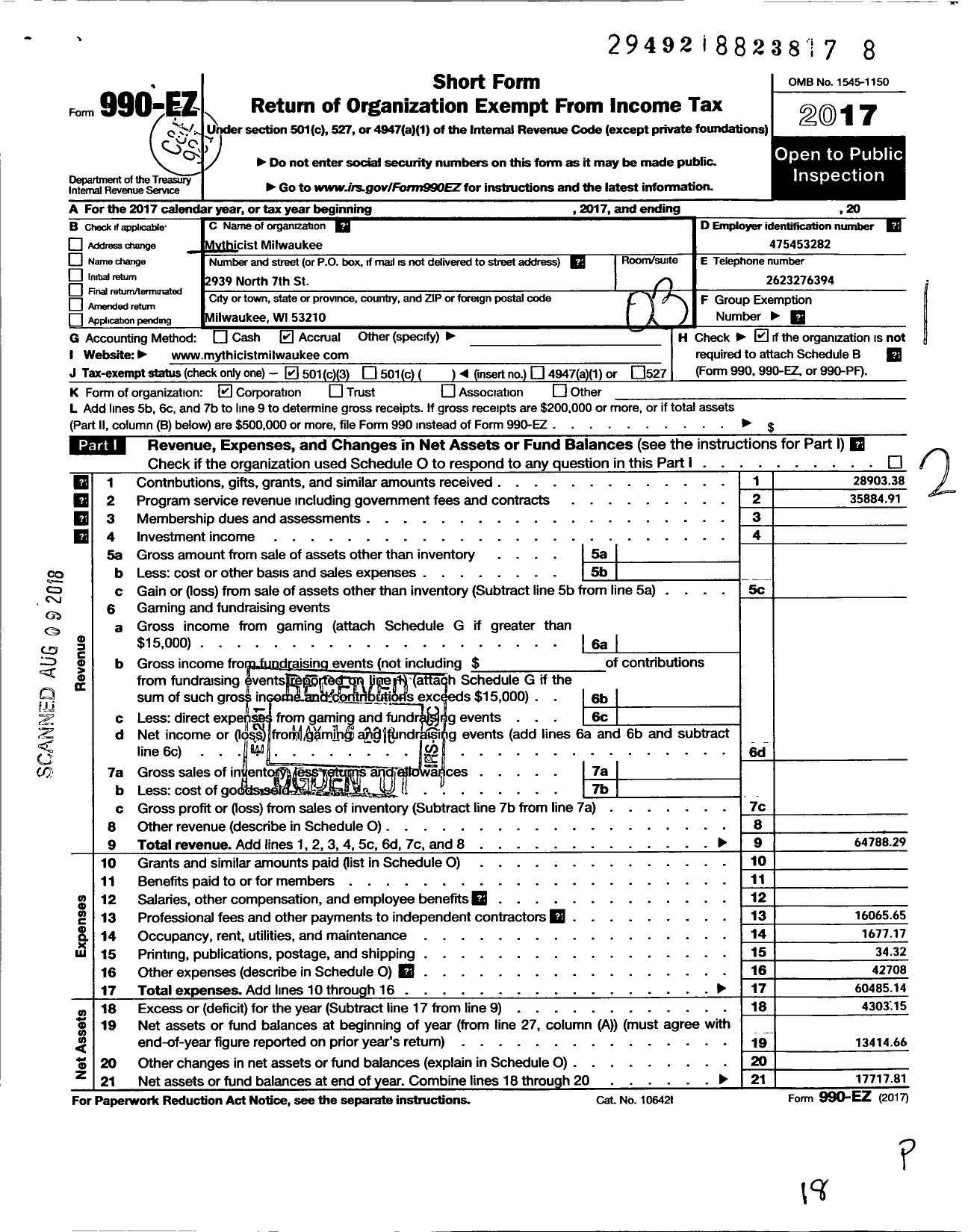 Image of first page of 2017 Form 990EZ for Mythicist Milwaukee