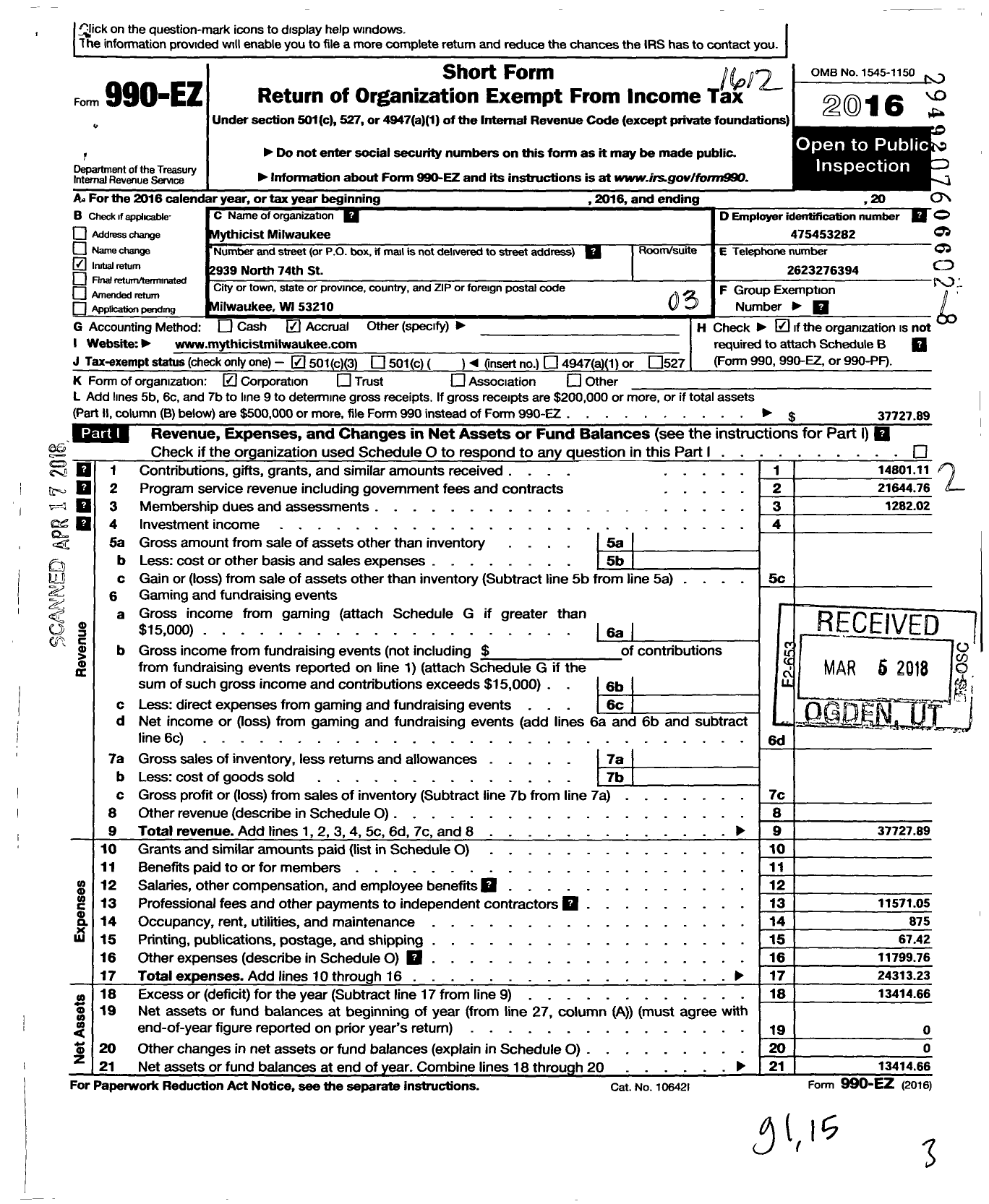 Image of first page of 2016 Form 990EZ for Mythicist Milwaukee