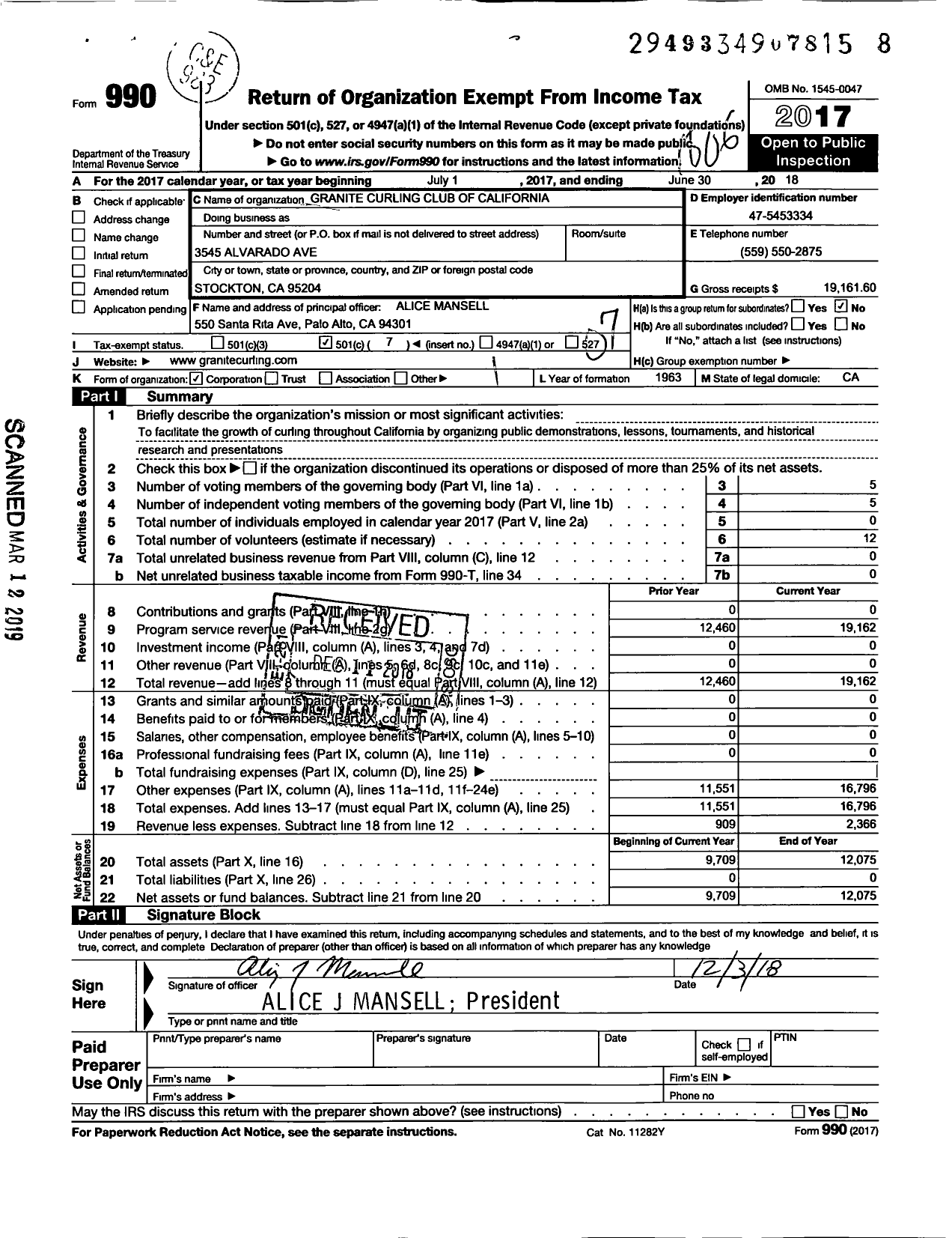 Image of first page of 2017 Form 990O for Granite Curling Club of California