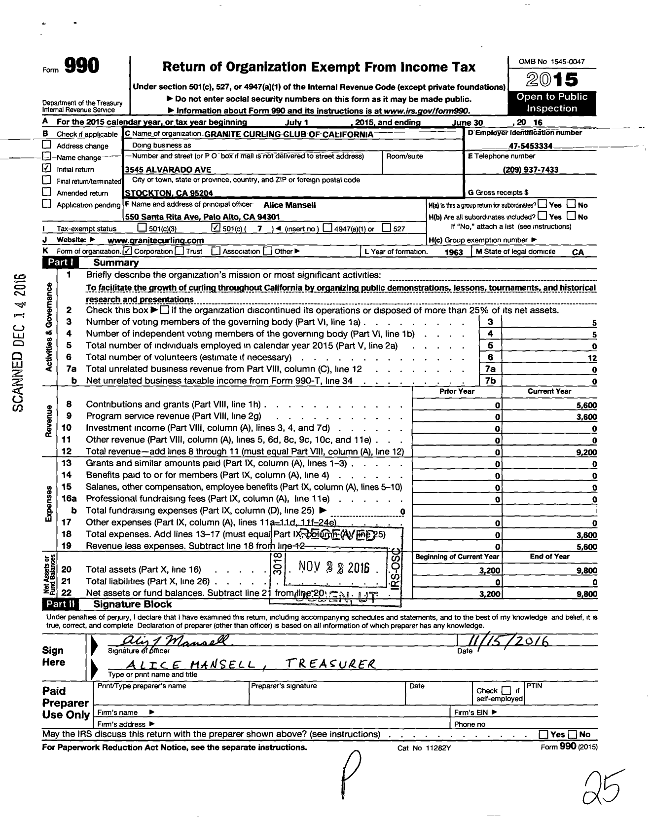 Image of first page of 2015 Form 990O for Granite Curling Club of California