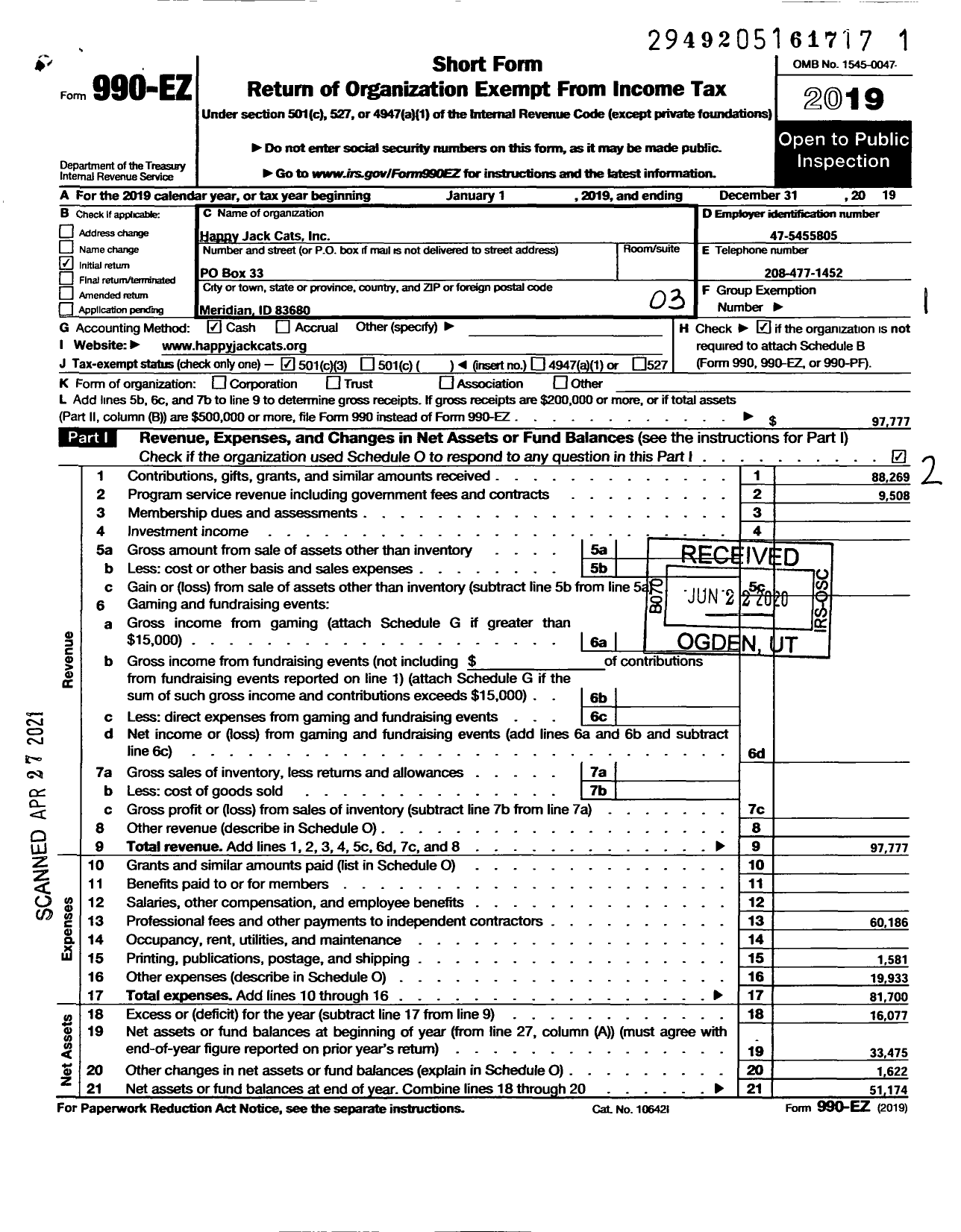 Image of first page of 2019 Form 990EZ for Happy Jack Cats