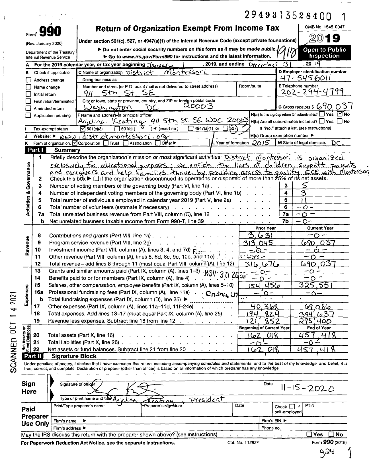 Image of first page of 2019 Form 990 for District Montessori