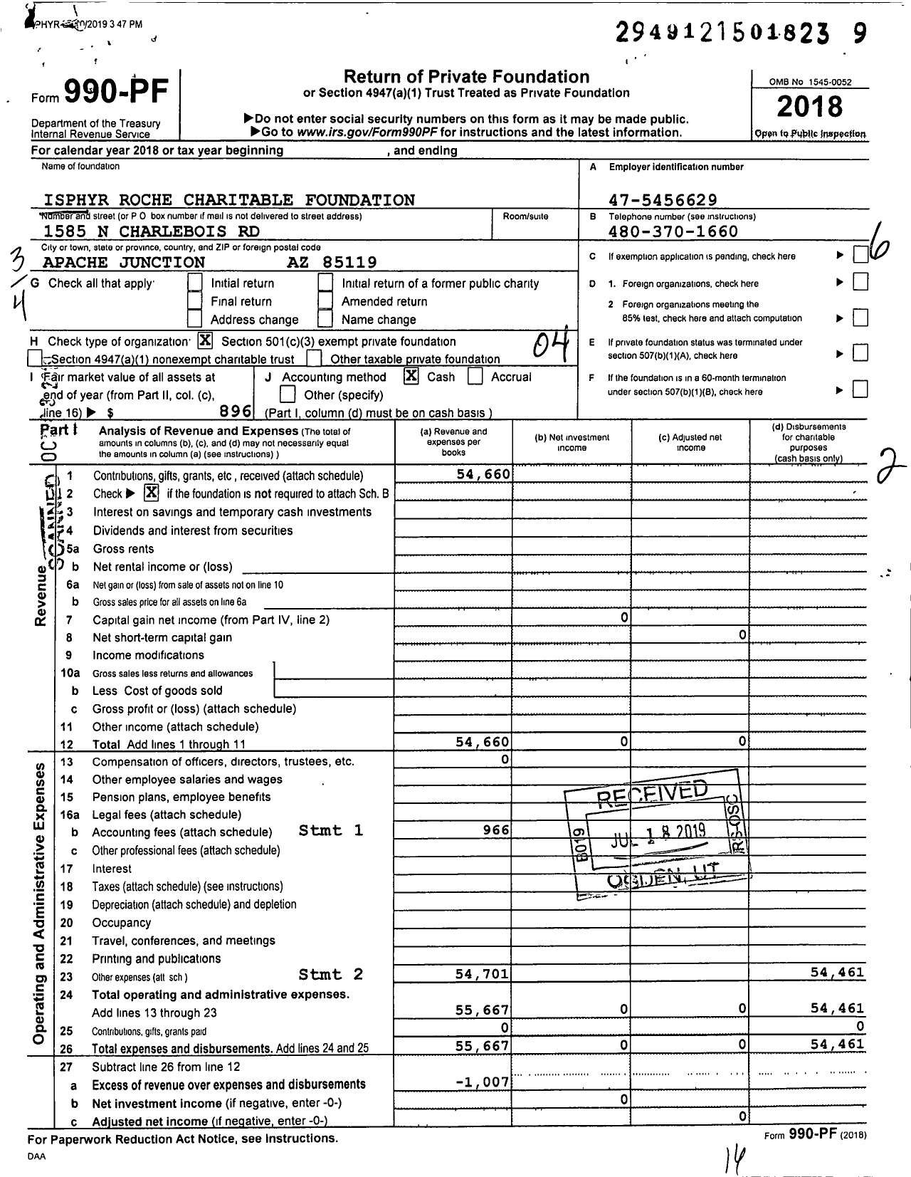 Image of first page of 2018 Form 990PF for Isphyr Roche Charitable Foundation