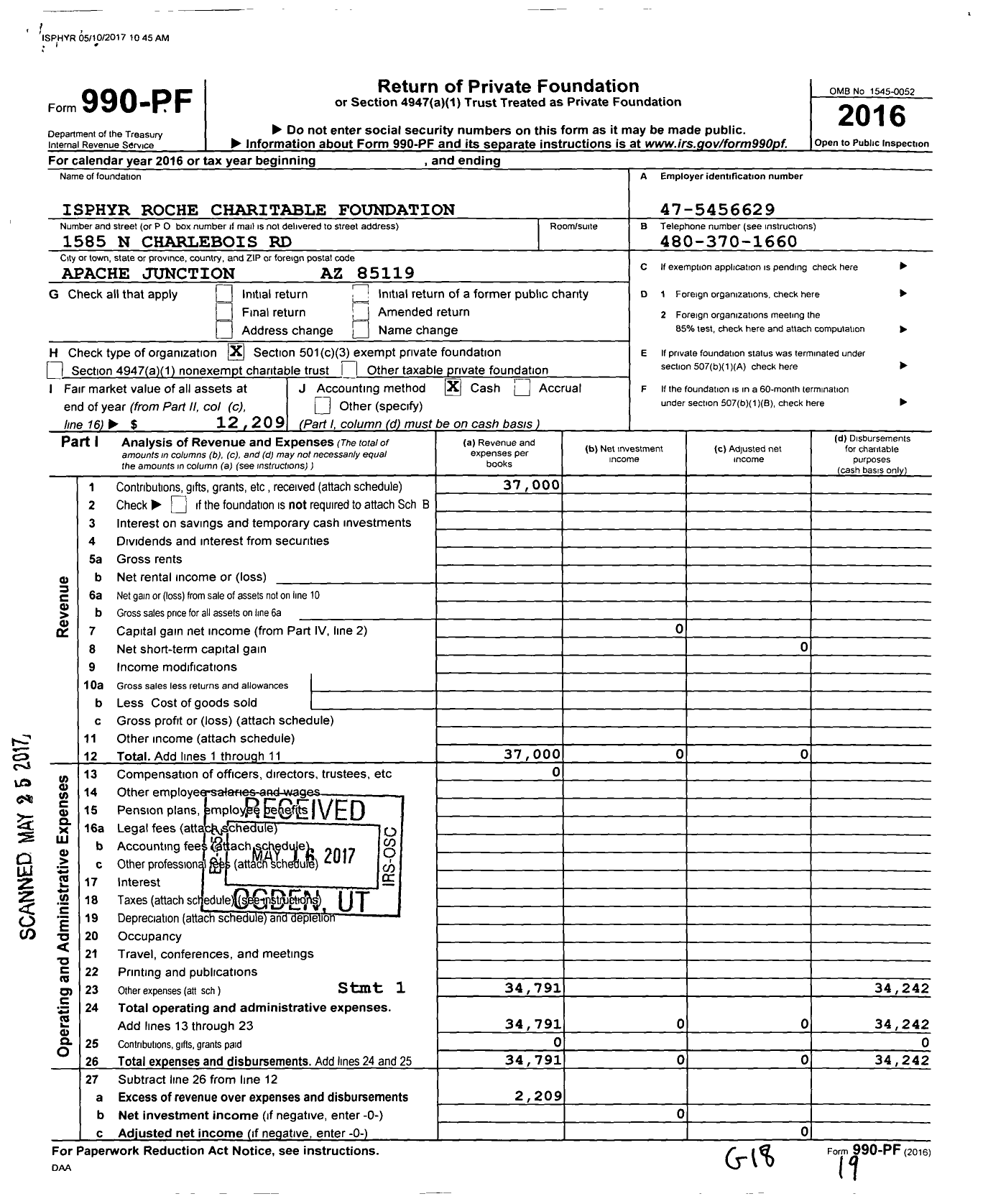Image of first page of 2016 Form 990PF for Isphyr Roche Charitable Foundation