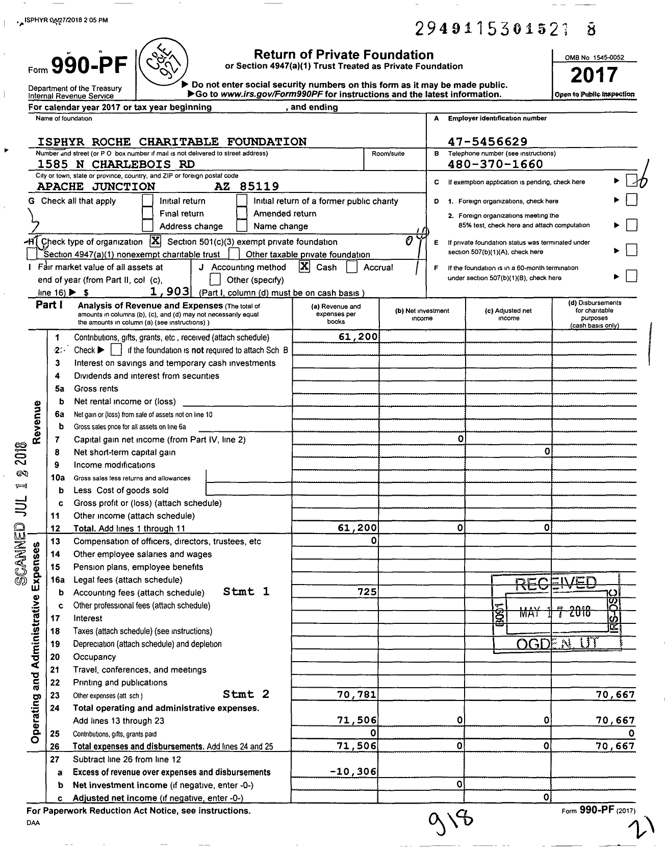 Image of first page of 2017 Form 990PF for Isphyr Roche Charitable Foundation