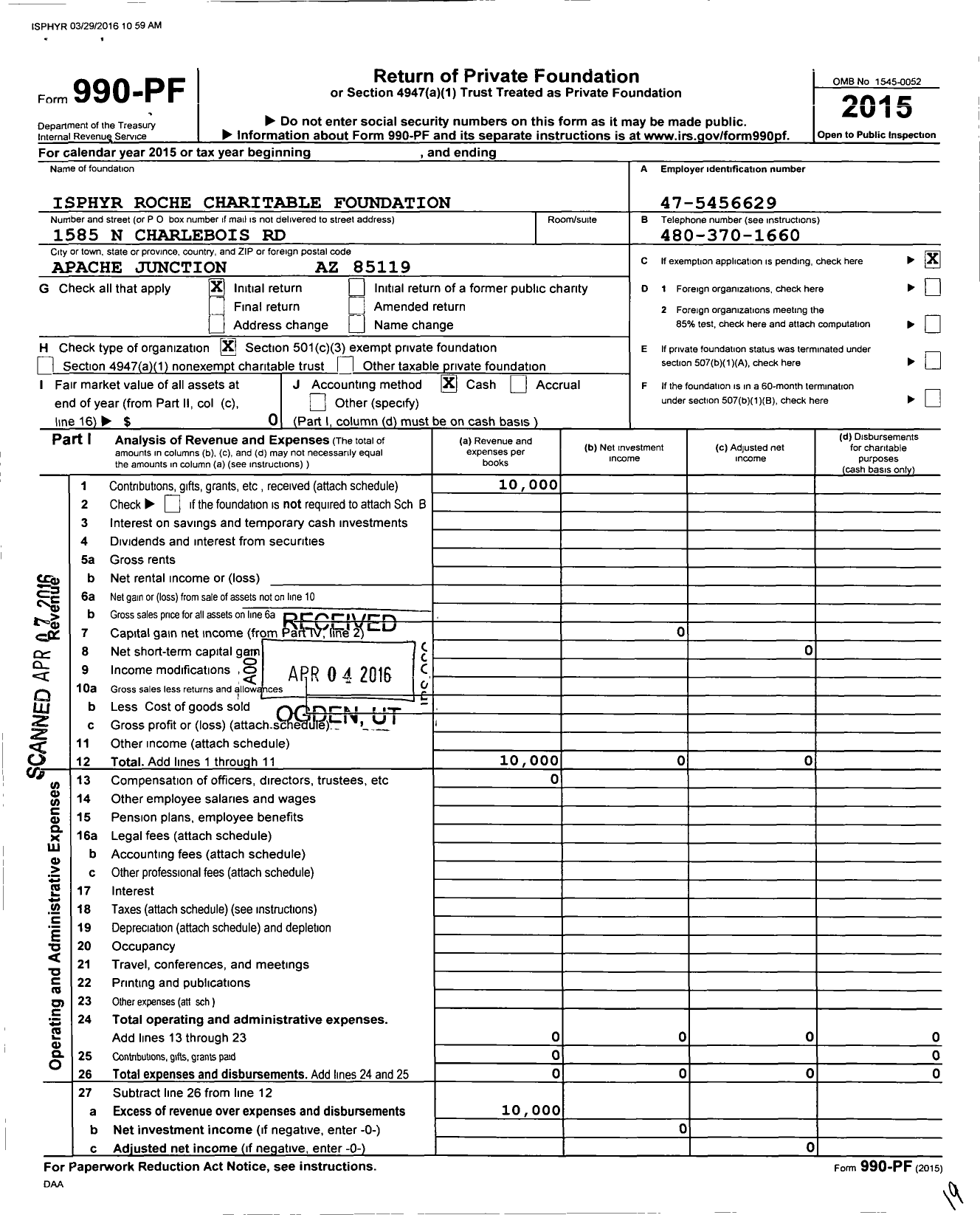 Image of first page of 2015 Form 990PF for Isphyr Roche Charitable Foundation