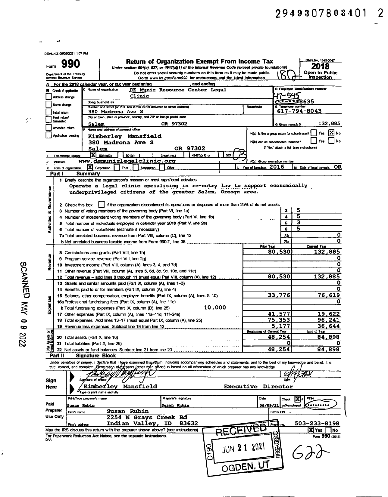 Image of first page of 2018 Form 990 for De Muniz Resource Center Legal Clinic