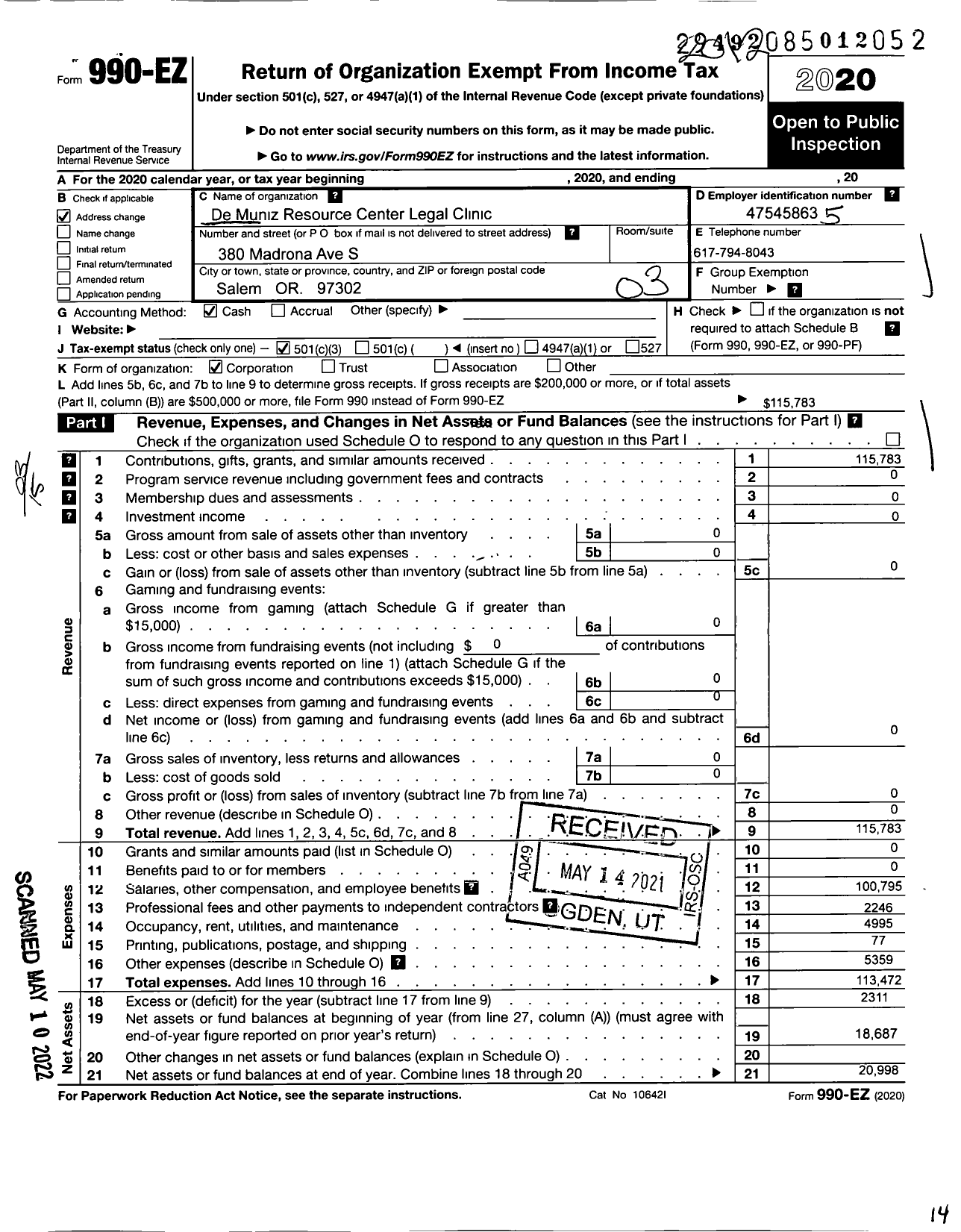 Image of first page of 2020 Form 990EZ for De Muniz Resource Center Legal Clinic