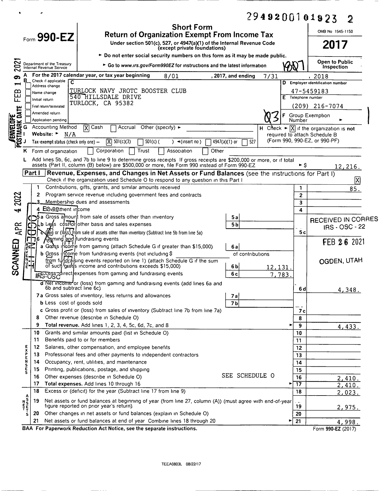 Image of first page of 2017 Form 990EZ for Turlock Navy Jrotc Booster Club