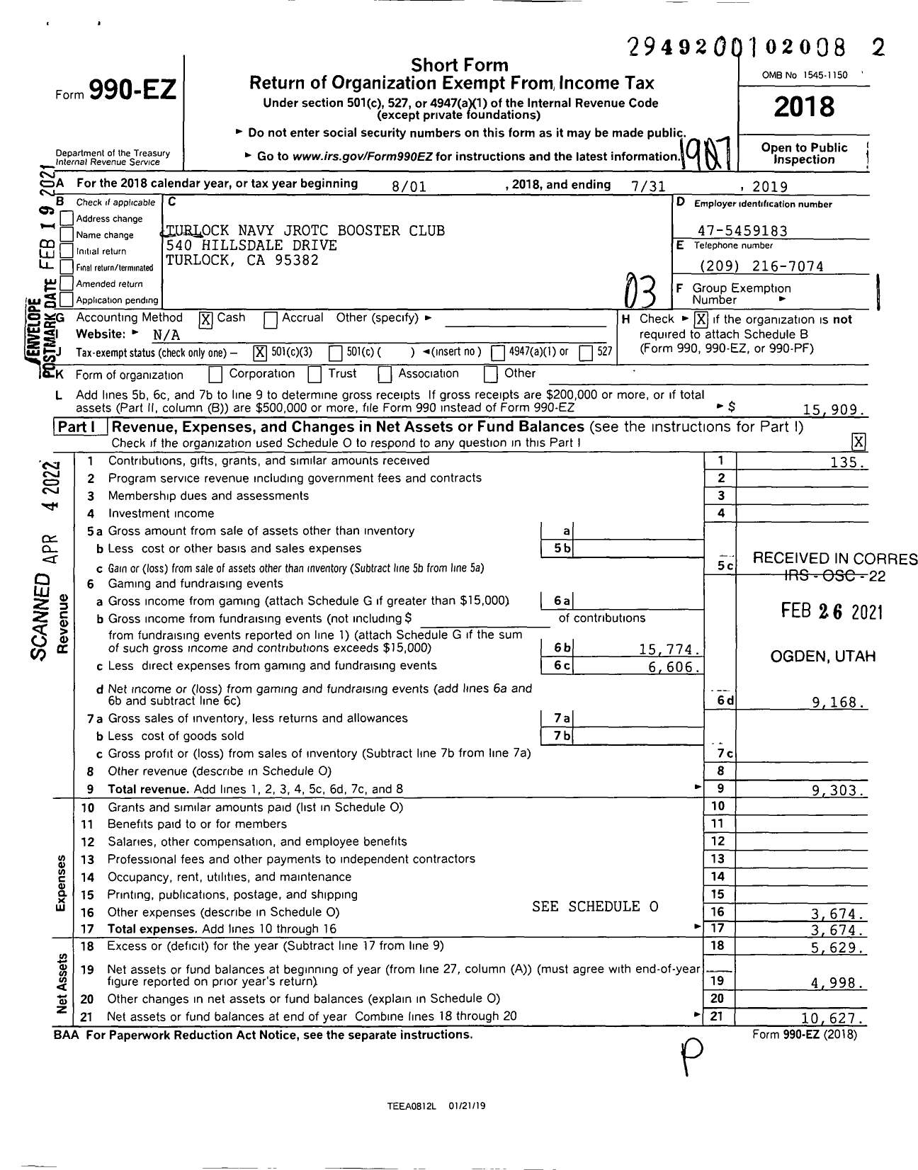 Image of first page of 2018 Form 990EZ for Turlock Navy Jrotc Booster Club