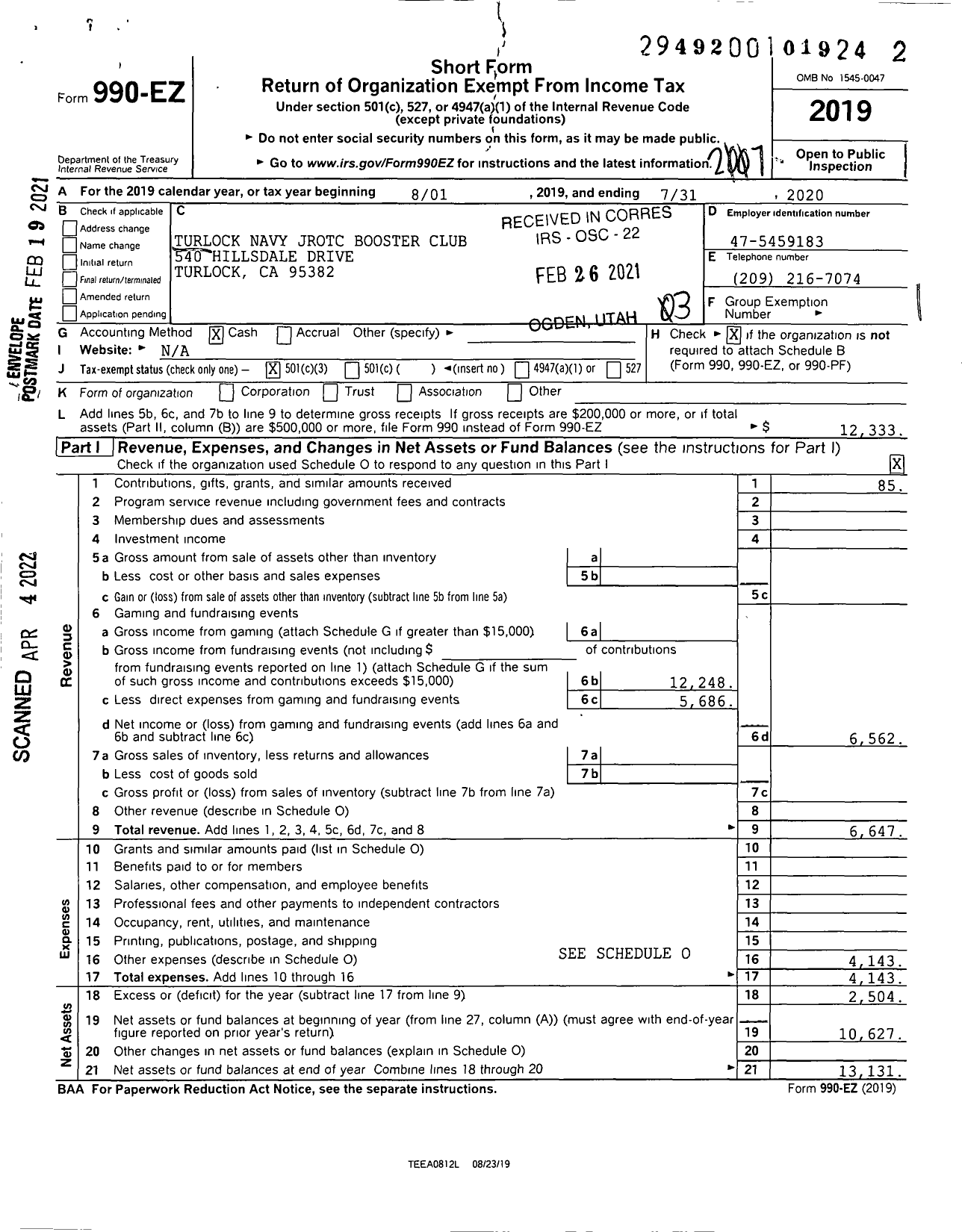 Image of first page of 2019 Form 990EZ for Turlock Navy Jrotc Booster Club