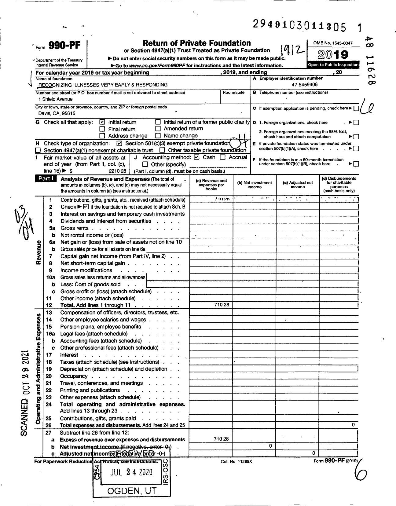 Image of first page of 2019 Form 990PF for Recognizing Illnesses Very Early and Responding