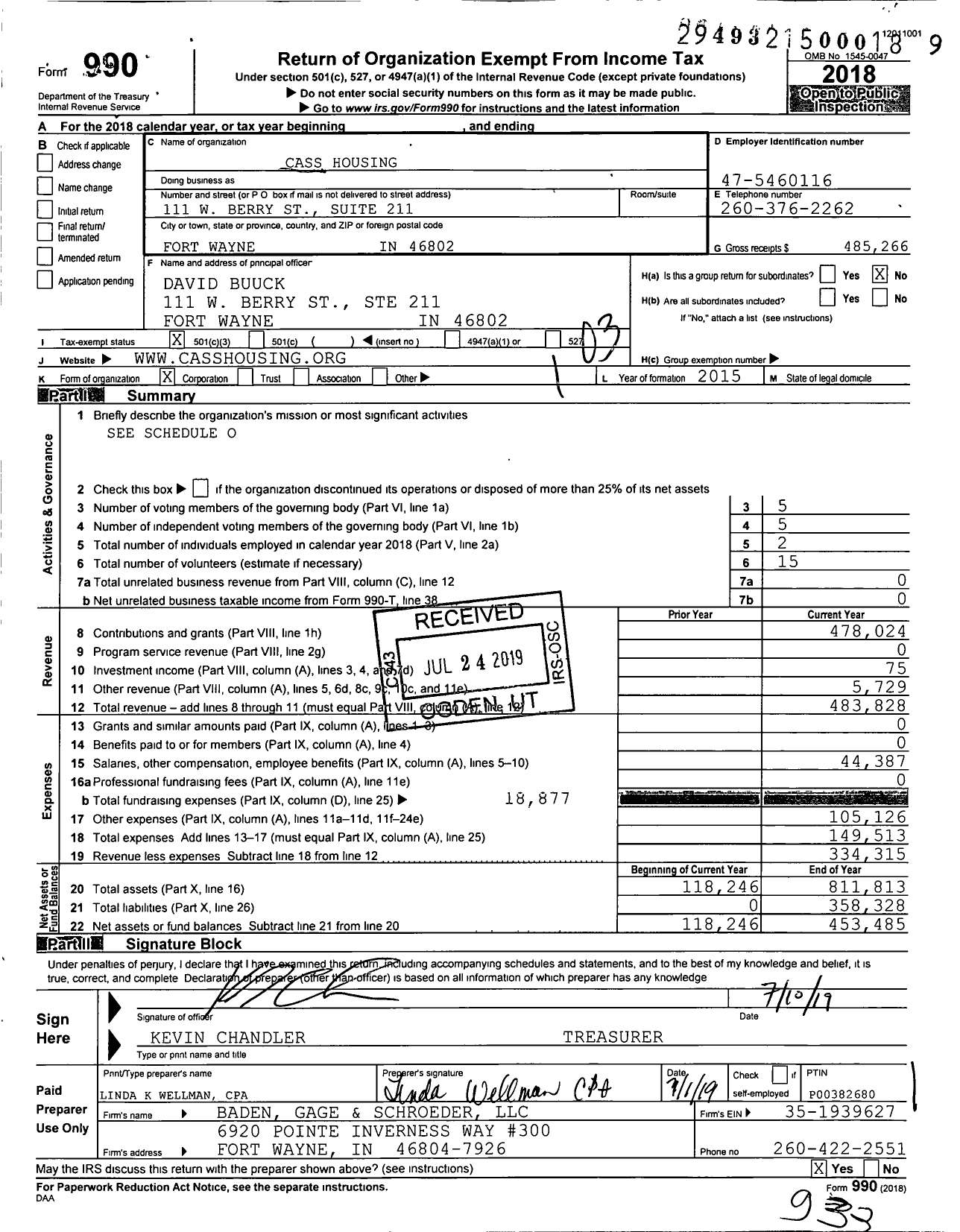 Image of first page of 2018 Form 990 for Cass Housing