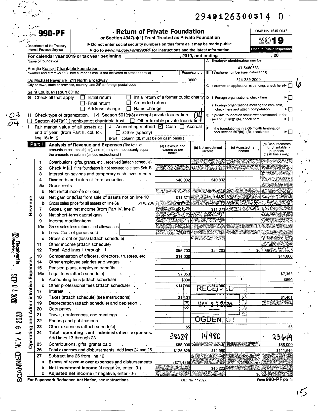 Image of first page of 2019 Form 990PF for Aurelia Konrad Charitable Foundation