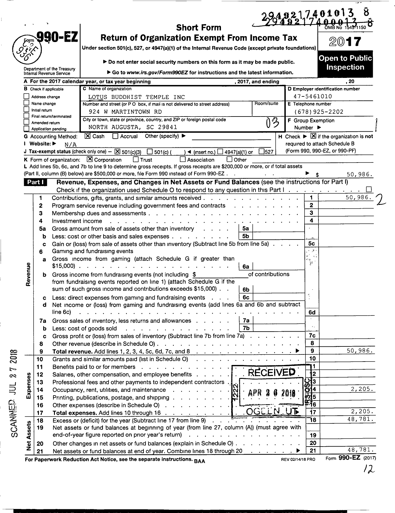 Image of first page of 2017 Form 990EZ for Lotus Buddhist Temple