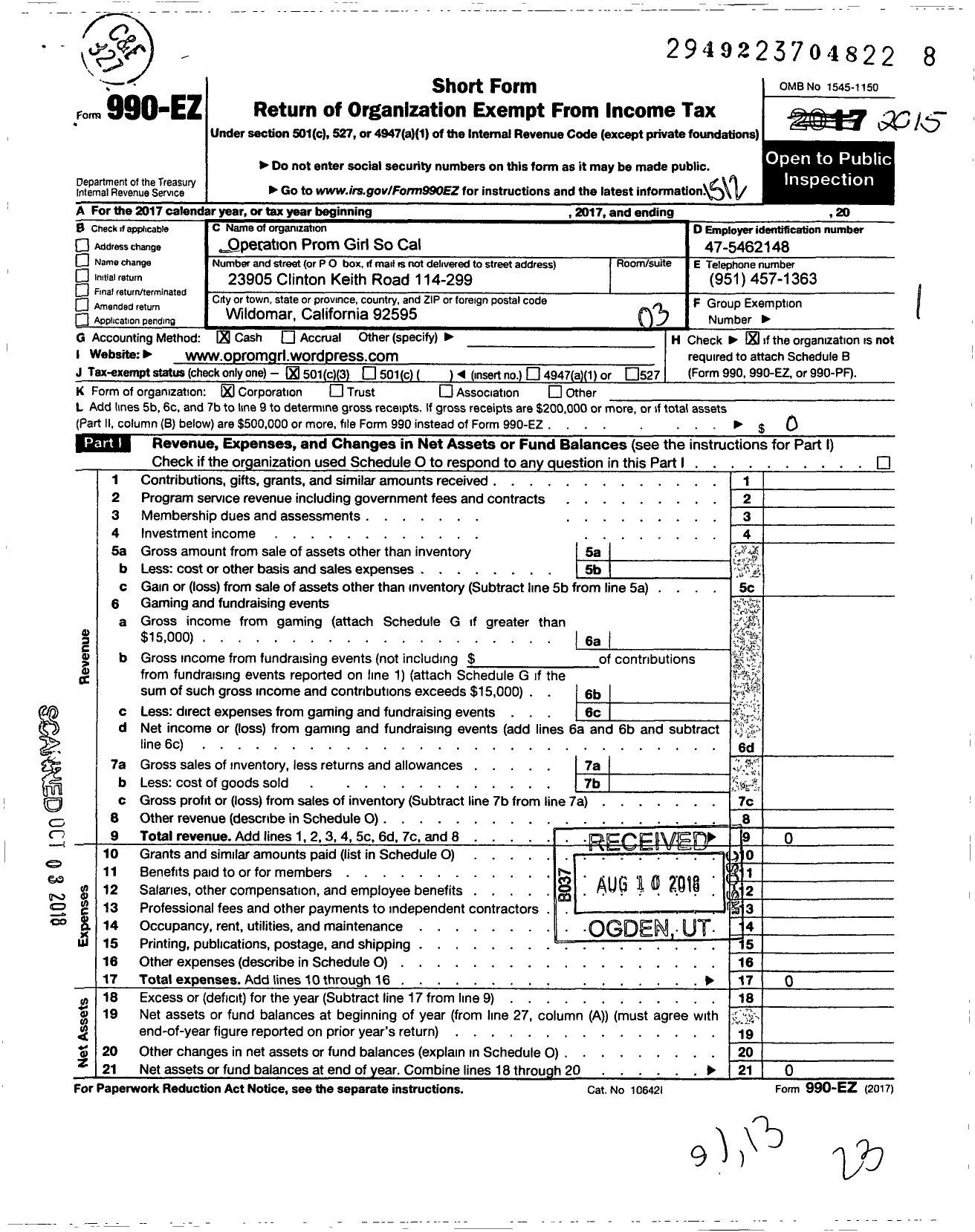 Image of first page of 2015 Form 990EZ for The Dresses and Dreams Project