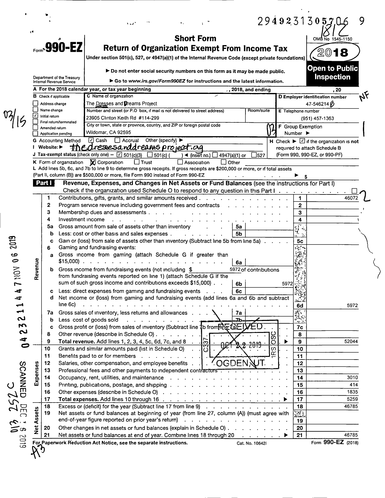 Image of first page of 2018 Form 990EZ for The Dresses and Dreams Project