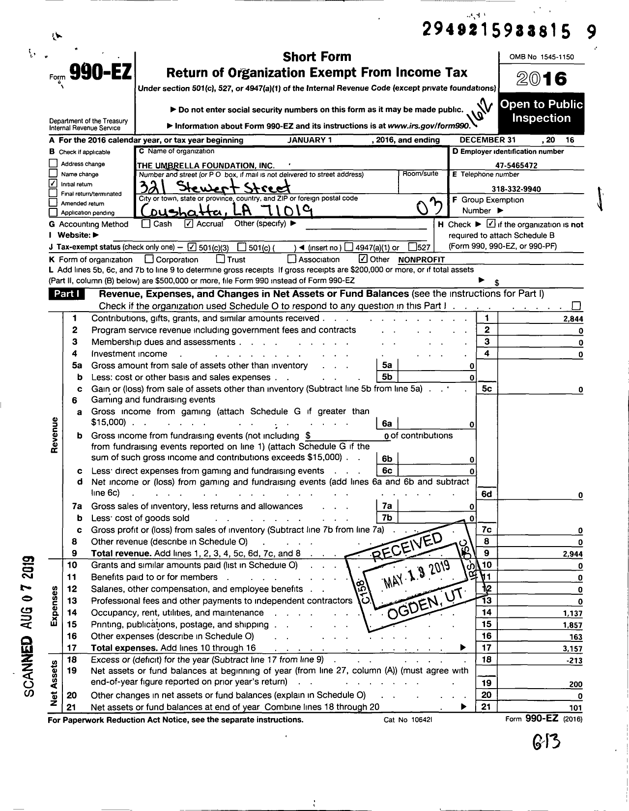 Image of first page of 2016 Form 990EZ for Umbrella Foundation