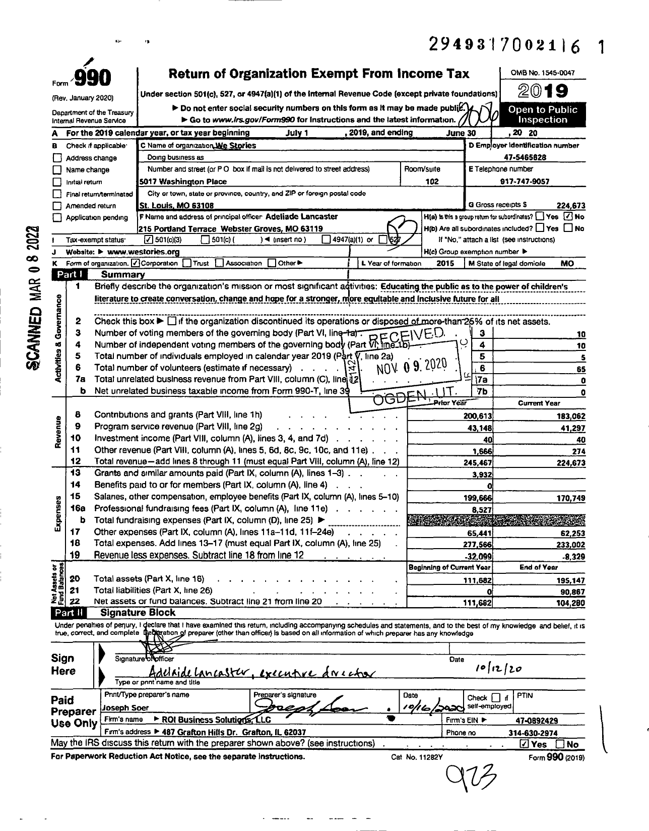 Image of first page of 2019 Form 990 for We Stories