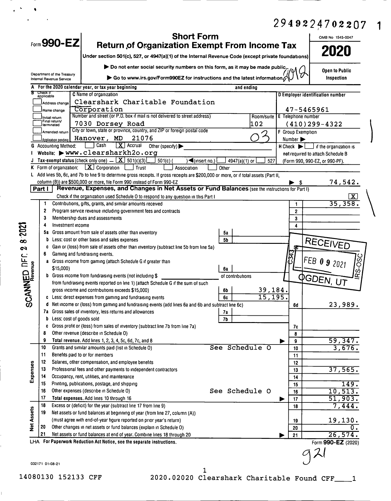 Image of first page of 2020 Form 990EZ for CSH2O Charitable Foundation Corporation