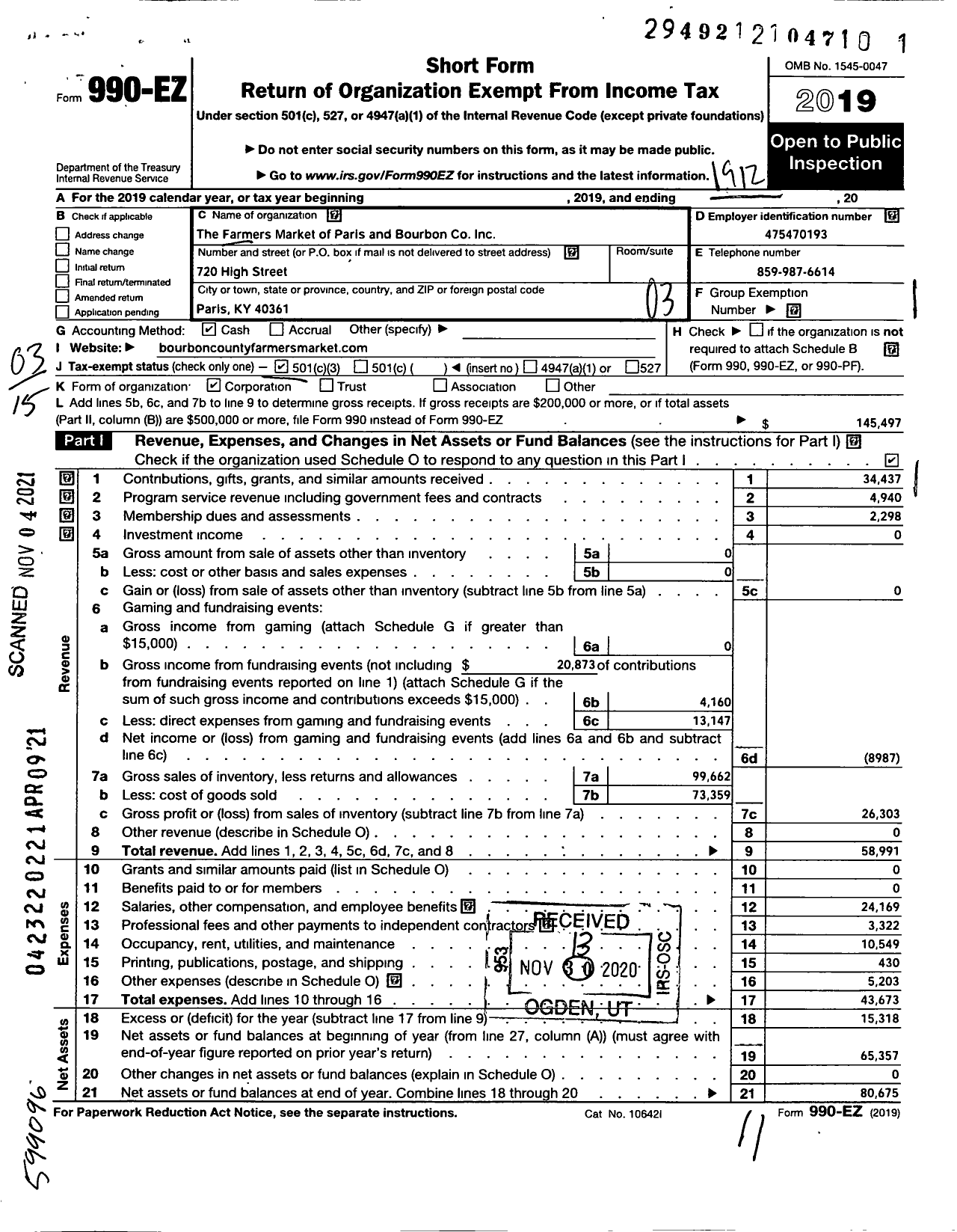 Image of first page of 2019 Form 990EZ for The Farmers Market of Paris and Bourbon