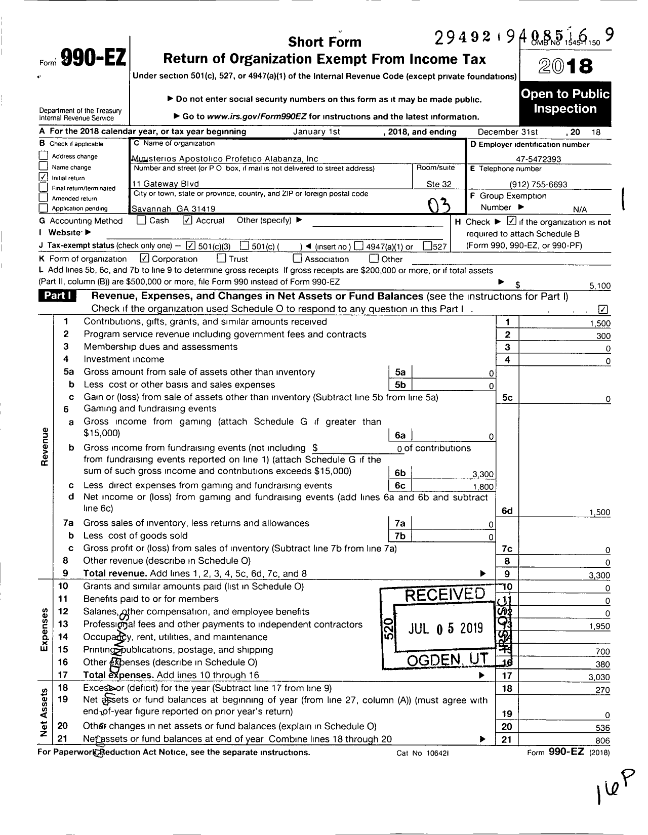 Image of first page of 2018 Form 990EZ for Ministerio Apostolico Profetico Alabanza