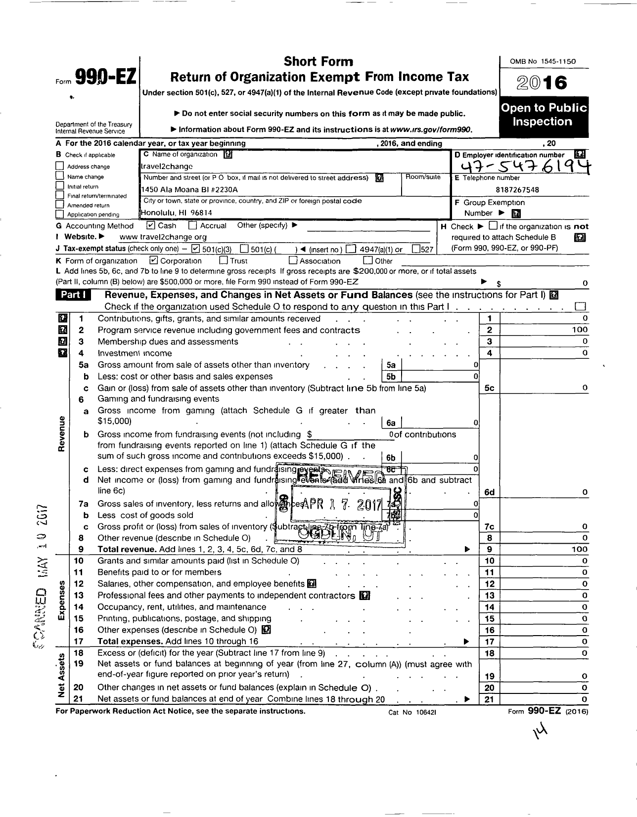 Image of first page of 2016 Form 990EZ for Travel2change