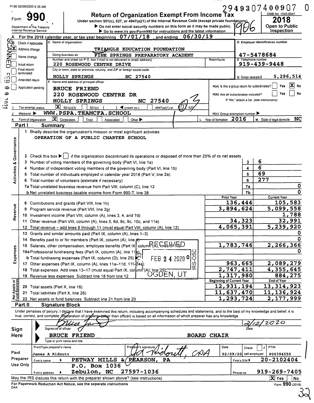Image of first page of 2018 Form 990 for Pine Springs Preparatory Academy