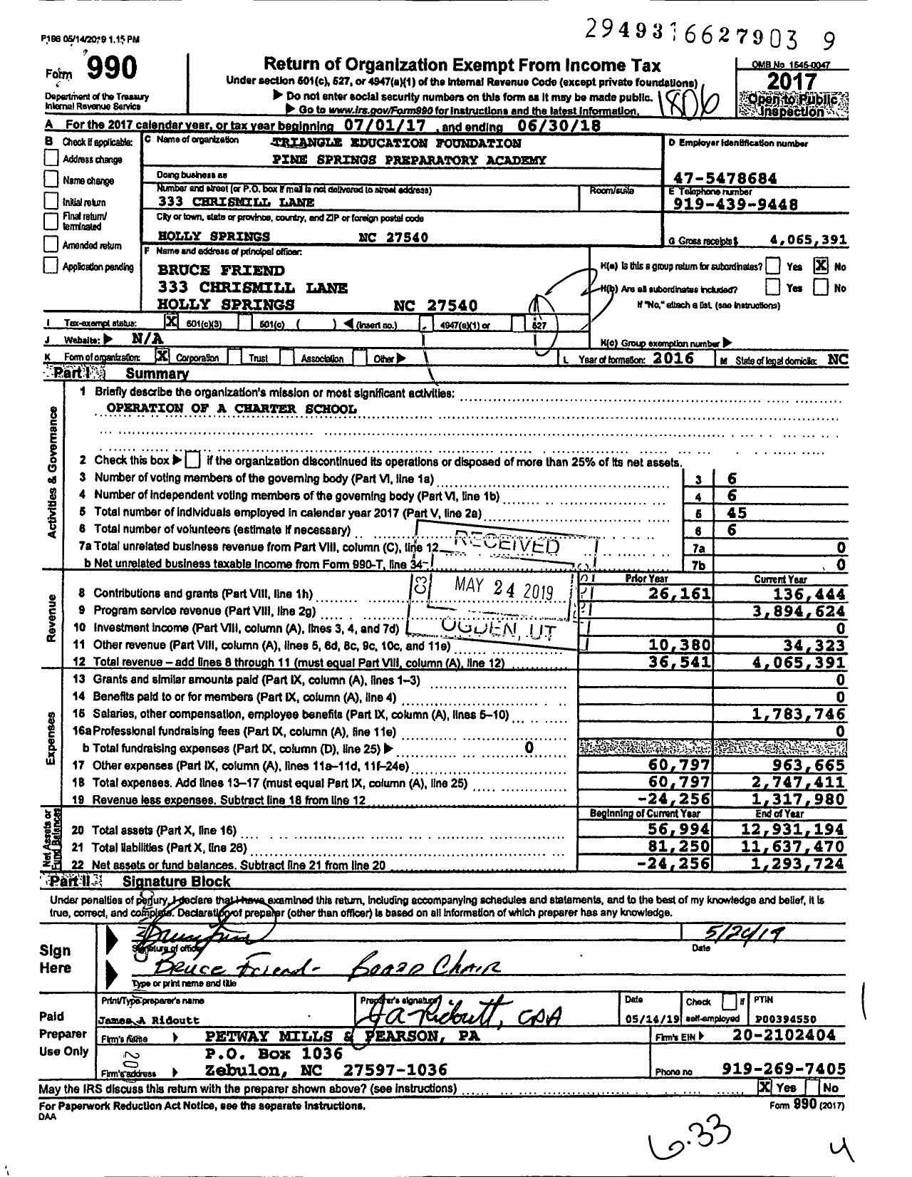 Image of first page of 2017 Form 990 for Pine Springs Preparatory Academy