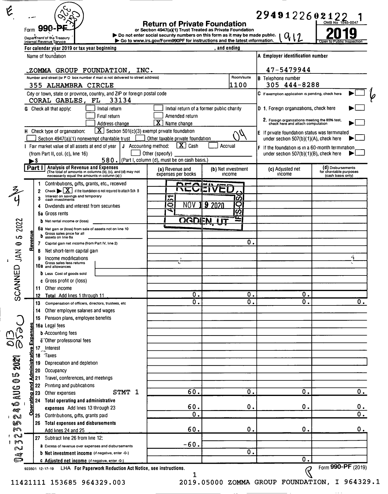 Image of first page of 2019 Form 990PF for Zomma Group Foundation