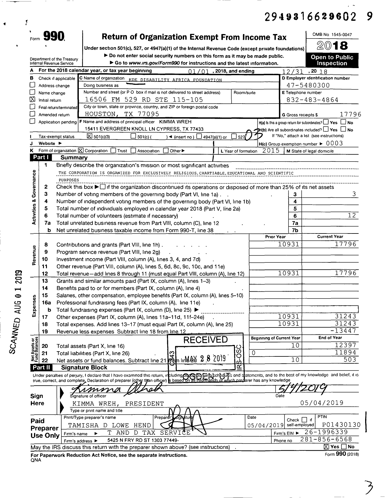 Image of first page of 2018 Form 990 for Kde Disability Africa Foundation