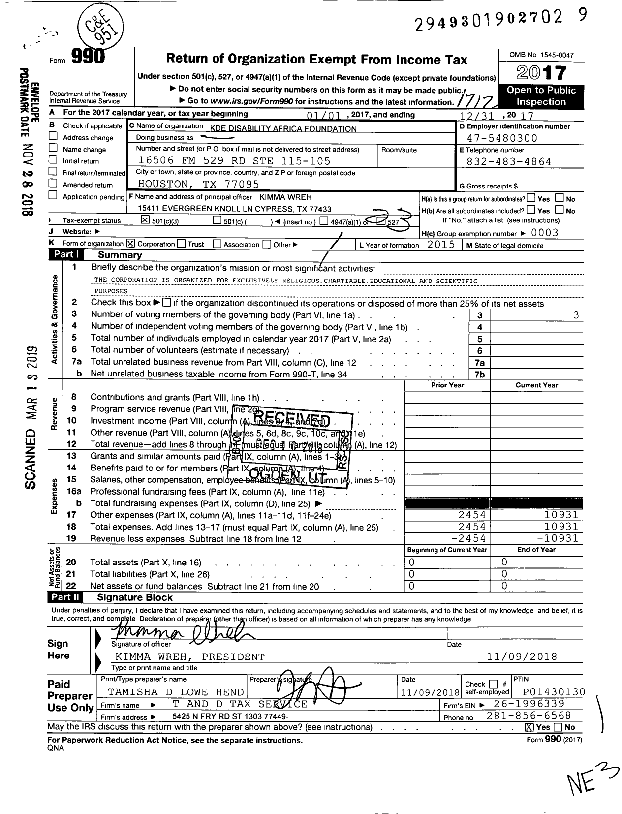 Image of first page of 2017 Form 990 for Kde Disability Africa Foundation