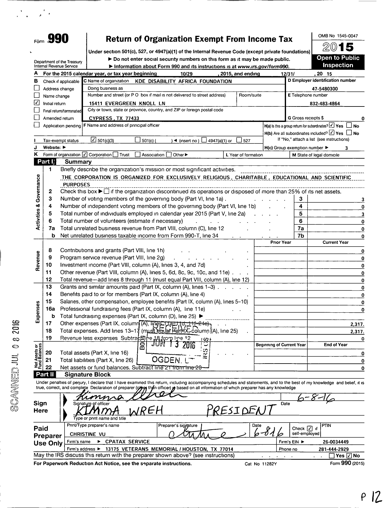 Image of first page of 2015 Form 990 for Kde Disability Africa Foundation